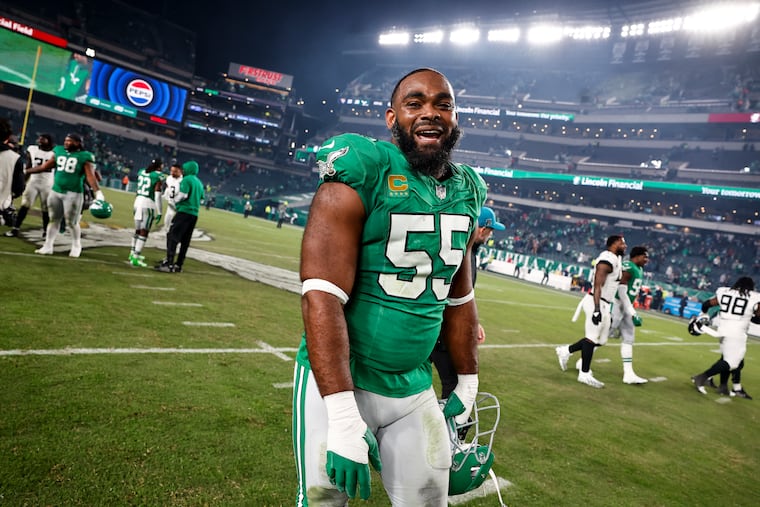 Philadelphia Eagles defensive end Brandon Graham leaves the field after the game against the Jacksonville Jaguars at Lincoln Financial Field on Sunday, Nov. 3, 2024 in Philadelphia. The Philadelphia Eagles defeated the Jacksonville Jaguars 28 to 23.