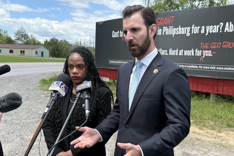 U.S. Reps. Summer Lee and Chris Deluzio, both Pittsburgh-area Democrats, speak outside of the Moshannon Valley Processing Center in Clearfield County after getting a tour of the facility, the largest detention center for undocumented immigrants in the Northeast, on May 28, 2026.