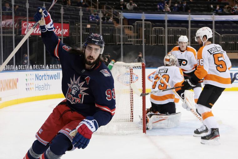 The Rangers' Mika Zibanejad (93) celebrates his power-play goal during the second period against the Flyers.