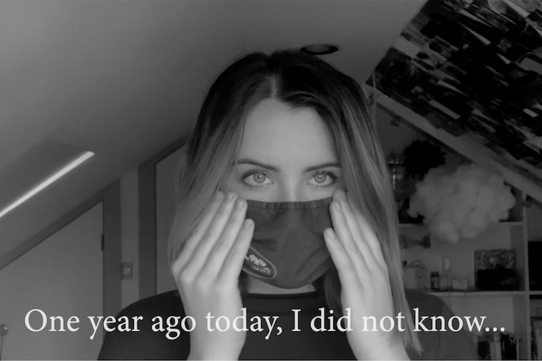 Swarthmore student Elizabeth Dentzer in the choral video "Twenty/Twenty." The work was composed by Scott Ordway and crafted from submissions by students at Hamilton, Haverford, Bryn Mawr, and Swarthmore Colleges.