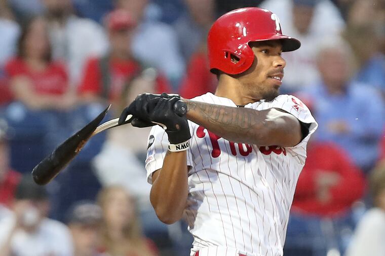 Nick Williams broke his bat on this single but had two of the three Phillies hits against the Diamondbacks at Citizens Bank Park on June 12.