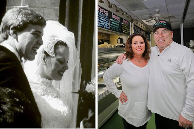 Left: Sal and Carol Anastasi in their wedding photo featured in filmmaker Jan Krawitz's documentary, A Chicken In Every Pot. Right: The Anastasi couple, of Anastasi Seafood at 1101 S. 9th St., taken on Tuesday.