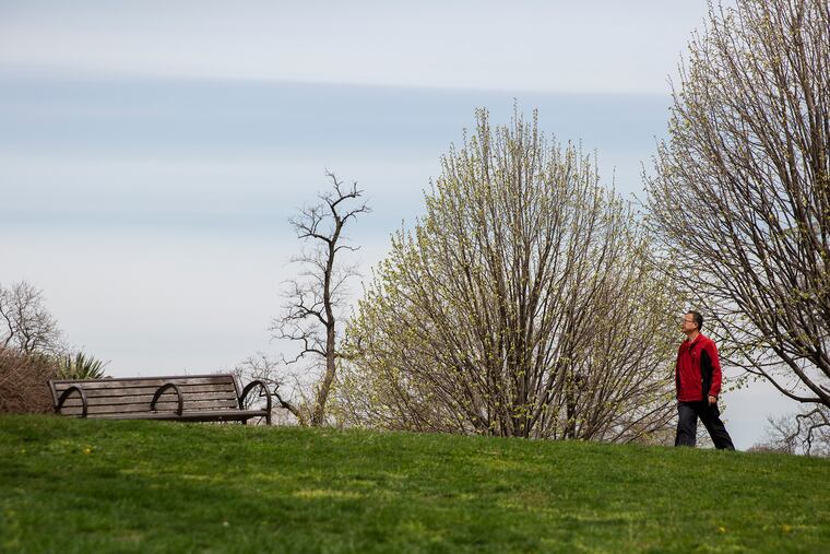 A man walks up a path that leads towards the "Treehouse in the Sky," a steel gazebo with a view of the Schuylkill behind the Art Museum in Philadelphia, on Tuesday, April 09, 2019.