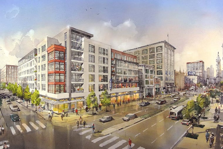 An artist’s rendering of the eastern portion of the Hanover North Broad project at Broad and Callowhill Streets.