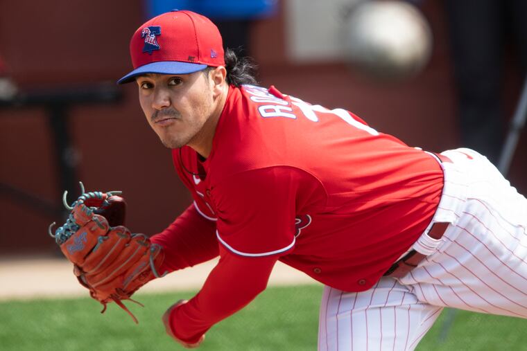 Phillies pitcher, Jojo Romero pitching during spring training workouts in Clearwater.