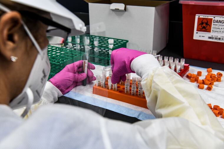 A lab technician sorts blood samples inside a lab for a COVID-19 vaccine study at the Research Centers of America in Hollywood, Florida, on Aug. 13, 2020. (Chandan Khanna/AFP/Getty Images/TNS)