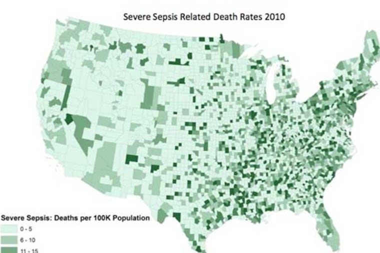 Map showing hotspots of sepsis deaths in the United States (Courtesy of Penn Medicine)