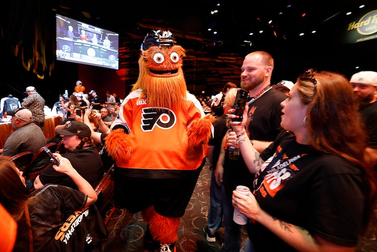Flyers mascot Gritty meets with fans during the Flyers' 2026 NHL draft party at the Hard Rock Hotel & Casino in Atlantic City on Friday night.