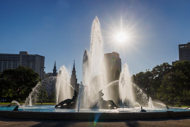 Sunrise over Swann Memorial Fountain in Logan Square in May. The sun was rather merciless last week.