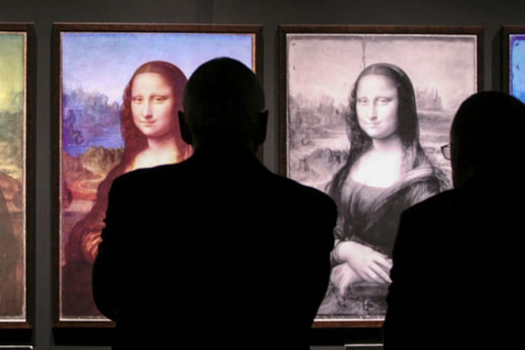 "The Secrets of Mona Lisa" at Reading Public Museum offers multiple photographic views of the painting. At left is Leonardo da Vinci's work as it is now. And center, a conjectured view of its original appearance.