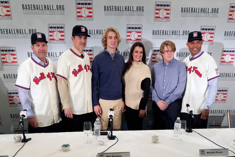 Braden Halladay, center - shown posing with his family and Hall of Fame inductees Edgar Martinez, Mike Mussina, and Mariano Rivera in January - was selected by the Toronto Blue Jays in the 32nd round of the MLB draft on Wednesday. He will be joining the same organization where his father, Roy Halladay, carved out a Hall of Fame career.
