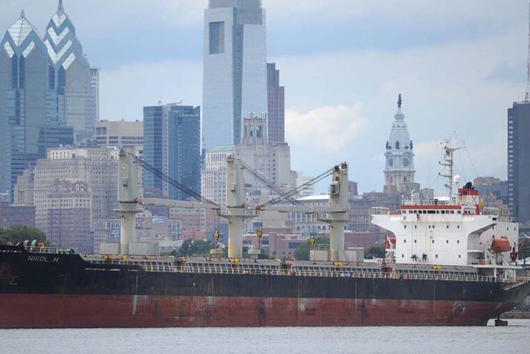 The Greek owned cargo ship, Nikol H, photographed in the Delaware River where it has been anchored since it discharged cocoa beans in April. ( CLEM MURRAY / Staff Photographer )