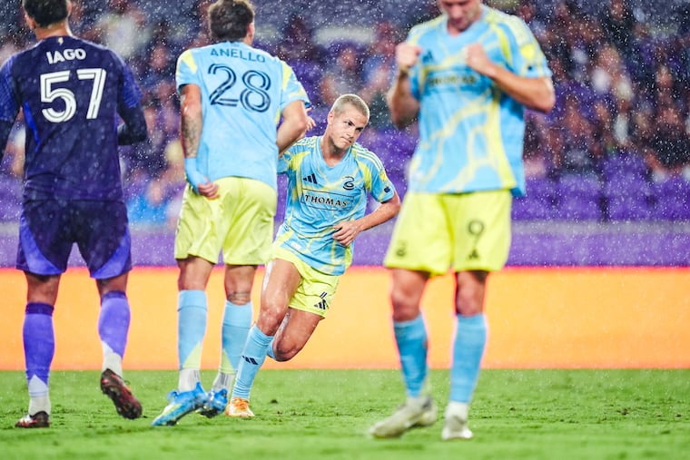 Cavan Sullivan (center) trots back into position in the Union's midweek match against Orlando City on Wendesday.