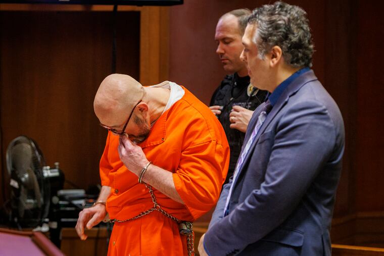 Defendant Edward C. Mathews wiping tears during his presentencing hearing on Friday in Burlington County Superior Court.