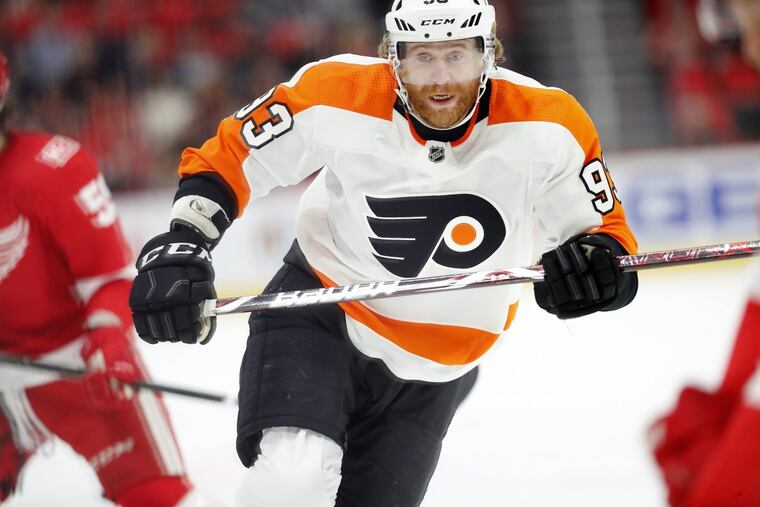 Philadelphia Flyers right wing Jakub Voracek (93) plays against the Detroit Red Wings in the first period of an NHL hockey game Tuesday, Jan. 23, 2018, in Detroit.