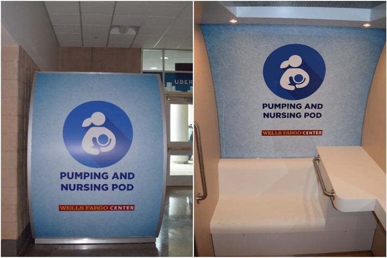 Left: The outside of the Mamava breast-feeding pod at the Wells Fargo Center. Right: The inside of the pod. The Wells Fargo Center is unveiling the mechanism today.