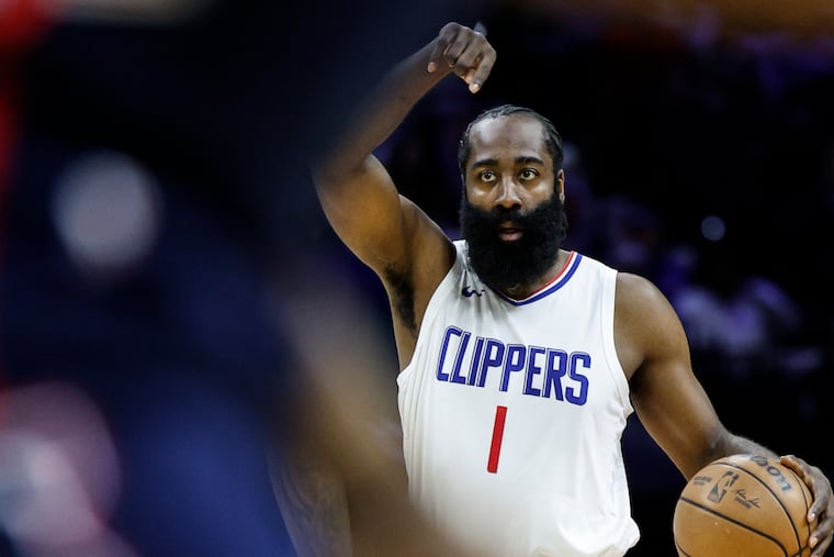 Clippers James Harden moves the ball down court while playing the Sixers during the 1st quarter at the Wells Fargo Center in Philadelphia, Wednesday, March 27, 2024.