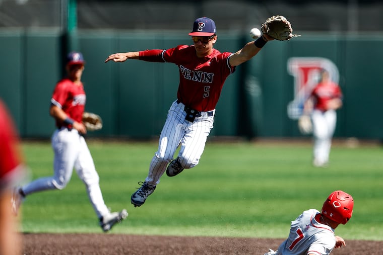 Penn second baseman Ryan Taylor flies through the air during the fifth inning against Cornell on April 12. The Quakers will compete in the Ivy League tournament on May 15 to 18.