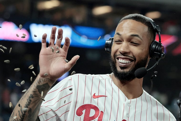 Phillies pitcher Cristopher Sanchez reacts when Brandon Marsh throws sunflower seeds on him as he is being interviewed after their win over the Oakland A’s at Citizens Bank Park.