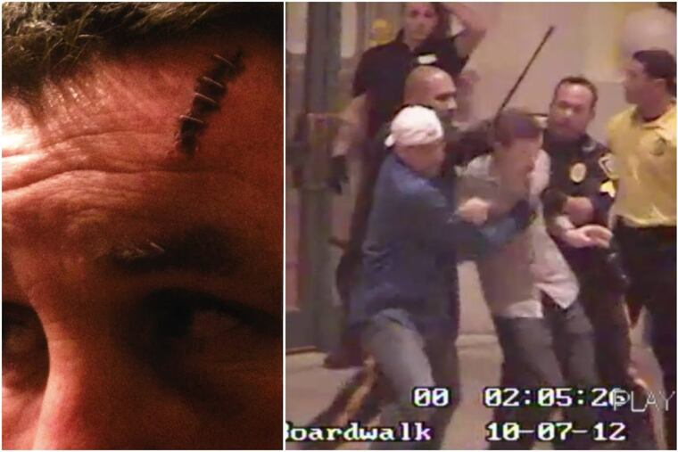 Anthony Moore (left) is suing Atlantic City and Officer Franco Sydnor for alleged violations resulting from an incident at Bally’s in 2012. At right, Sydnor and other officers detain one of Moore’s friends. Sydnor (center back) is wielding a baton in this security video.