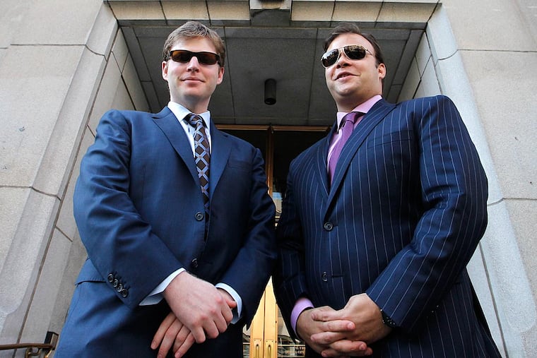 Mike (left) and his brother Matthew Pestronk in front of the Atlantic Building at Broad and Spruce Streets. In contrast to their previous project, the brothers - known as the Post Brothers - will use all union labor as they renovate the Atlantic Building.