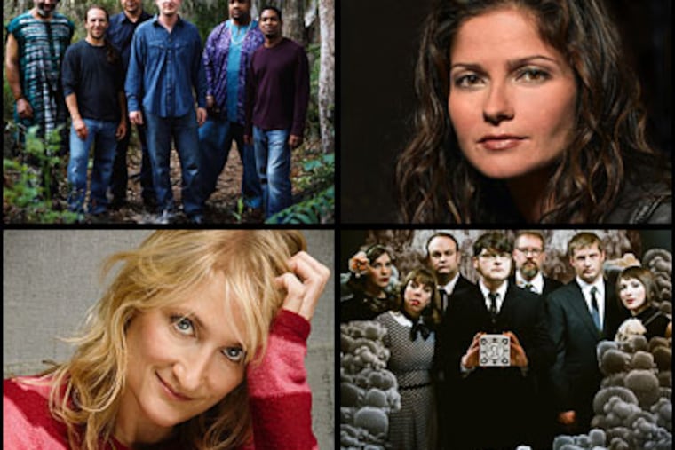 The lineup for the 2009 Philadelphia Folk Festival includes (clockwise from top left): Derek Trucks and his band, Jill Hennessy, Decemberists and Jill Sobule.