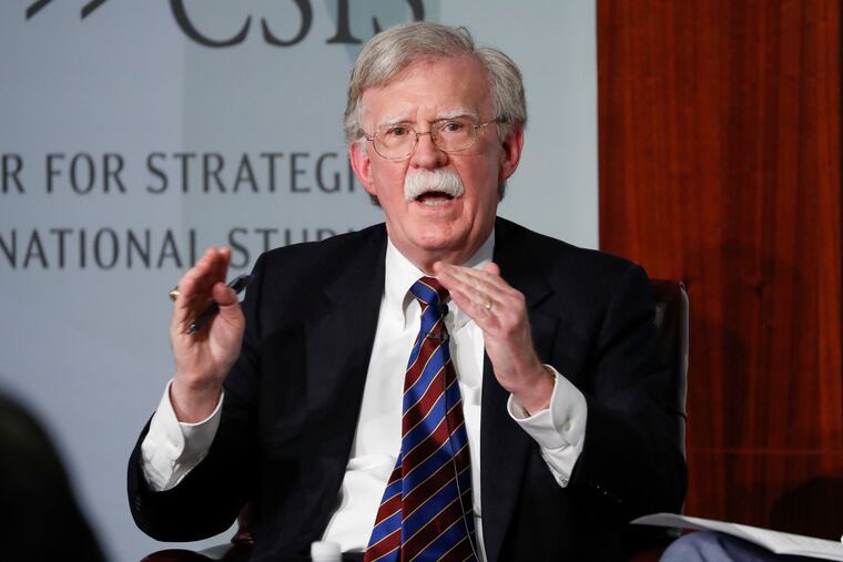 Former National security adviser John Bolton gestures while speakings at the Center for Strategic and International Studies in Washington.