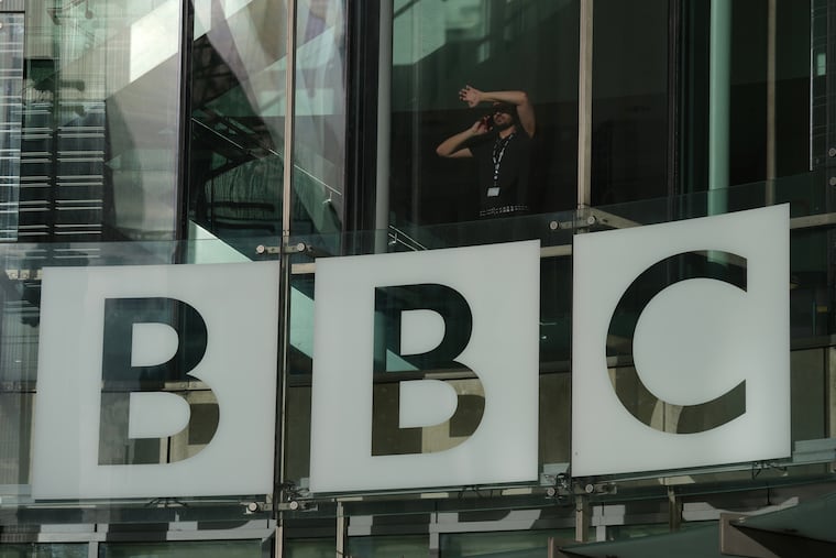 The BBC logo is displayed at its headquarters in London, Nov. 12, 2025. President Donald Trump has sued the broadcaster, claiming a documentary defamed him.