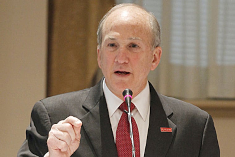 Robert Barchi addresses members of the Rutgers University Board moments after they appointed him president, Wednesday, April 11, 2012, in New Brunswick, N.J. (AP Photo/Julio Cortez)