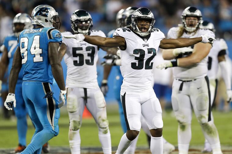 Eagles cornerback Rasul Douglas waves his arms after the Carolina Panthers could not convert a late fourth-qarrter fourth down on Thursday, October 12, 2017 in Charlotte, NC. YONG KIM / Staff Photographer