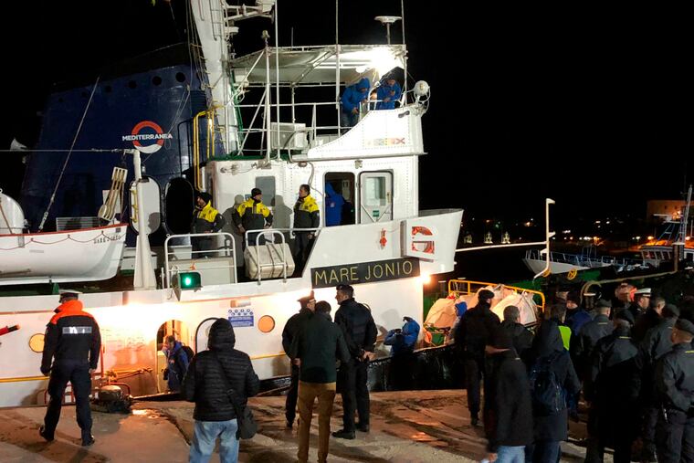 The Mare Jonio ship with 49 migrants on board docks at the port of Lampedusa island, Italy, Tuesday, March 19, 2019. Italy’s hard-line interior Matteo Salvini minister is again refusing to allow migrants rescued at sea by humanitarian groups to disembark in Italy. The mayor of Lampedusa is challenging Salvini's assertion that Italian ports are closed. The migrants, including 12 minors, were rescued Monday off the coast of Libya by the Italian humanitarian group Mediterranea Saving Humans.