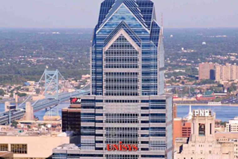 A rendering of what the Unisys sign would have looked like near the top of Two Liberty Place.