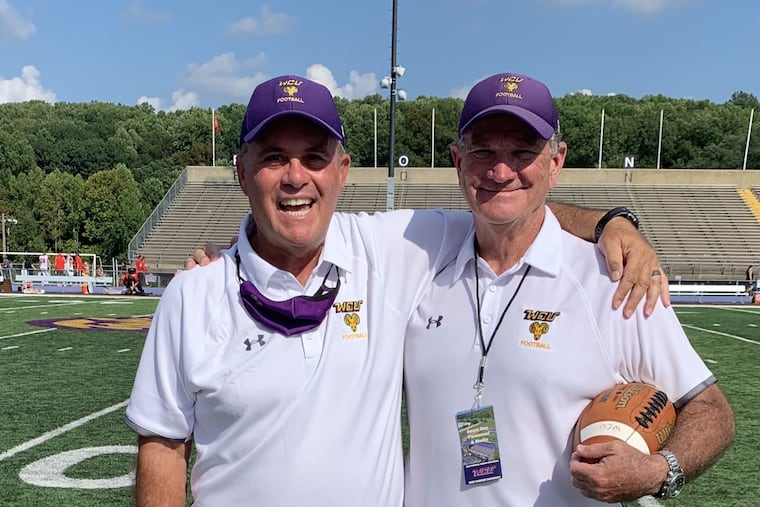 West Chester head football coach Bill Zwaan (right) with offensive-line coach Nick Sama.