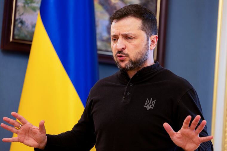 Ukraine's President Volodymyr Zelensky gives a press conference in Kyiv on Wednesday.