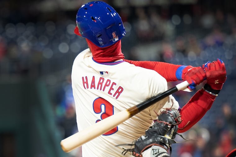 Phillies’ Bryce Harper bats during the first inning against the Cincinnati Reds at Citizens Bank Park.