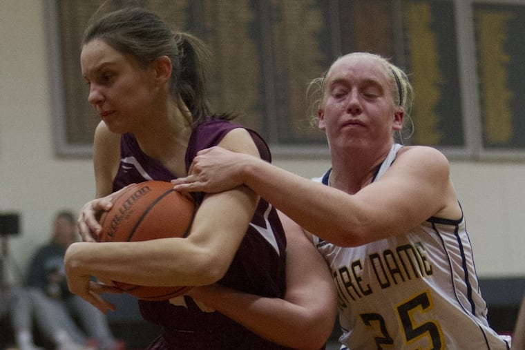 Notre Dame’s Emma Kichula, right, battles for a rebound with Abington’s Miranda Liebtag Friday night.