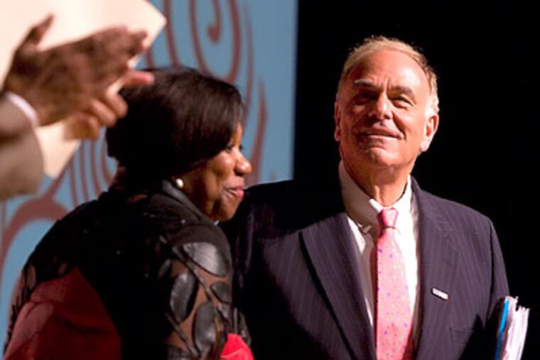Greatly improved state test scores in Philadelphia schools were touted by Superintendent Arlene Ackerman and Gov. Ed Rendell on Friday, drawing applause from School Reform Commission members. (Ed Hille / Staff Photographer)