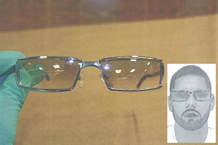 Sketch of suspect in rape of 11-year-old girl yesterday, and a pair of glasses found at the scene.
