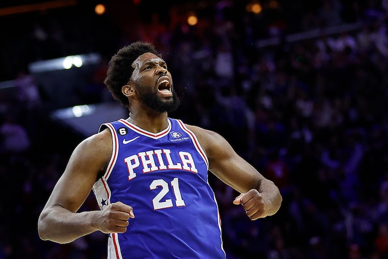 76ers center Joel Embiid celebrates after Philadelphia 76ers forward Tobias Harris sinks a three-pointer in the third quarter against the Brooklyn Nets during game two of the first round in the Eastern Conference playoffs on April 17.