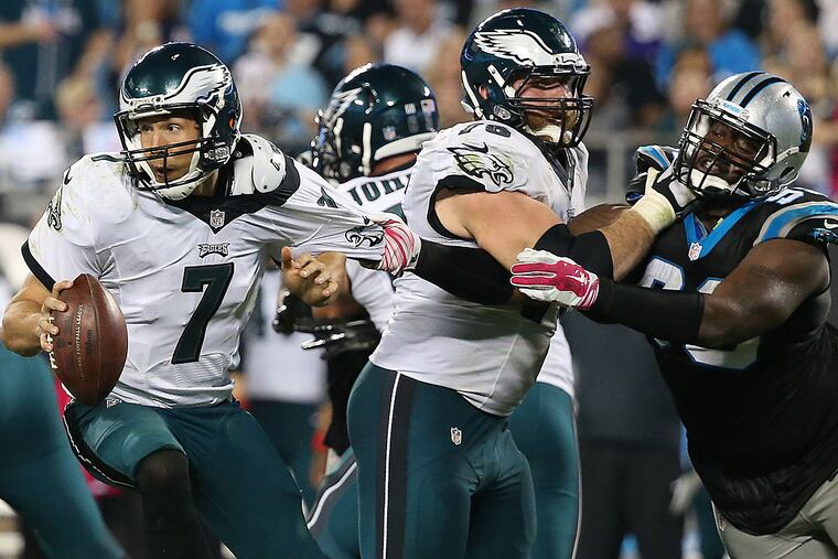 Sam Bradford is sacked by the Panthers' Kawann Short as Allen Barbre does not stop him.