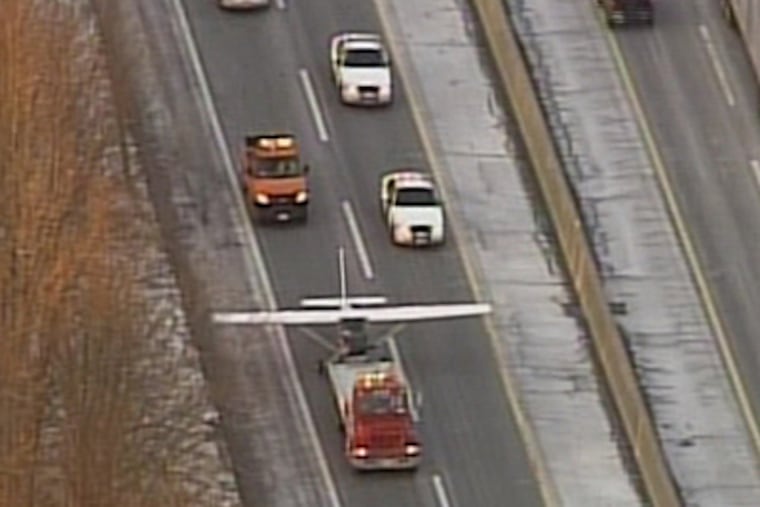 A small plane monitoring traffic for local radio and TV stations made an emergency landing on the New Jersey Turnpike in Cherry Hill on Monday. The Cessna landed safely, and no one was hurt, state police said. (NBC 10 photo)
