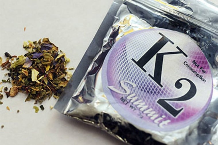 A package of K2 which contains herbs and spices sprayed with a synthetic compound chemically similar to THC, the psychoactive ingredient in marijuana.