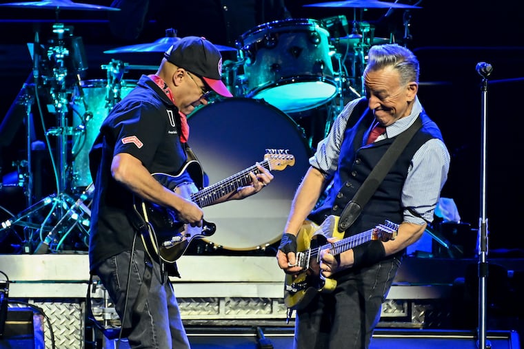 Tom Morello, left, and Bruce Springsteen perform during the "Land of Hope and Dreams" tour at Madison Square Garden on Monday, May 11, 2026, in New York.