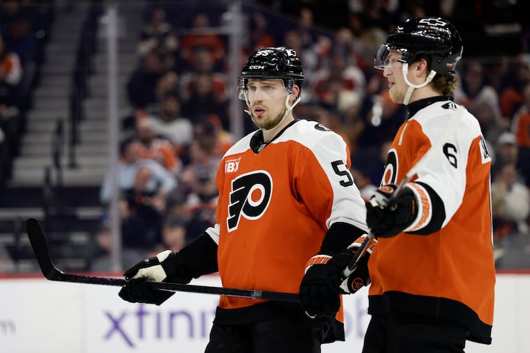 Flyers defensemen Rasmus Ristolainen, left, is still with the team after a third straight deadline where he was the subject of trade rumors.