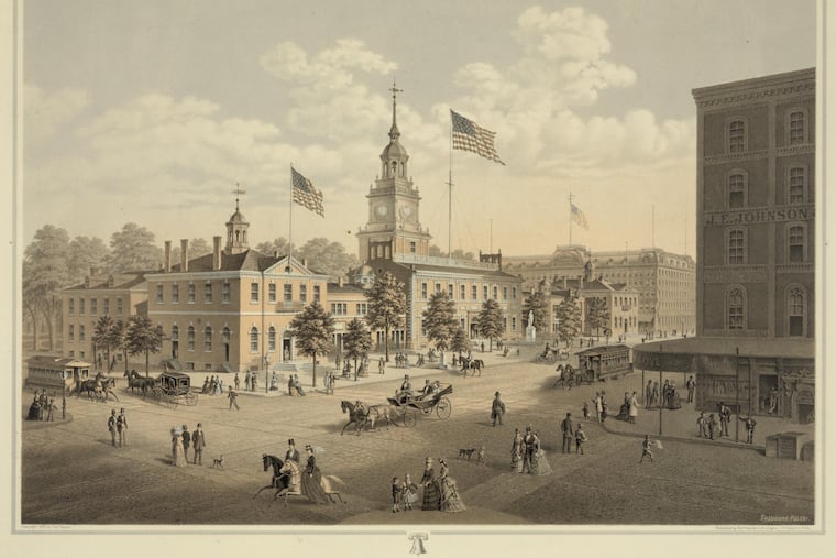 Street scene from 1876 Philadelphia at site of Independence Hall.