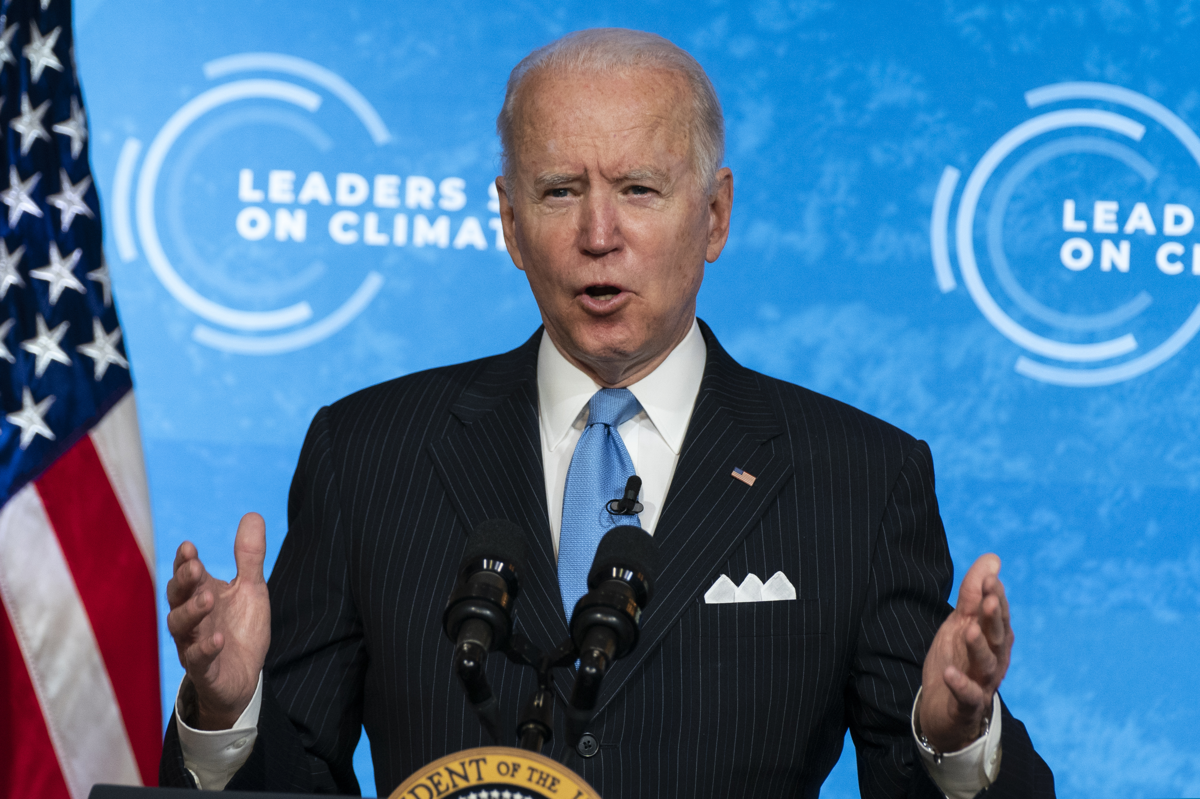 President Joe Biden speaks to the virtual Leaders Summit on Climate from the East Room of the White House.