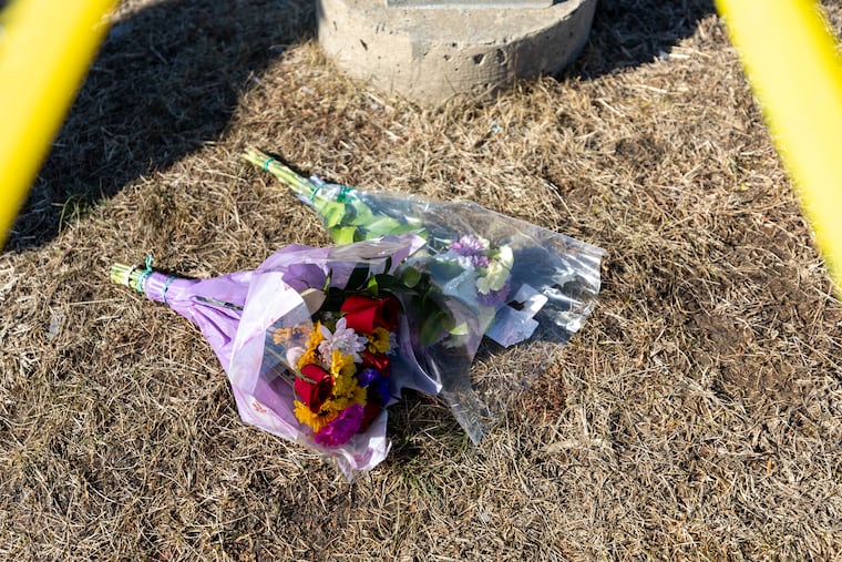 Flowers left along Cottman Avenue where a medical transport plane crashed near Roosevelt Mall, resulting at least seven deaths and 19 injuries.