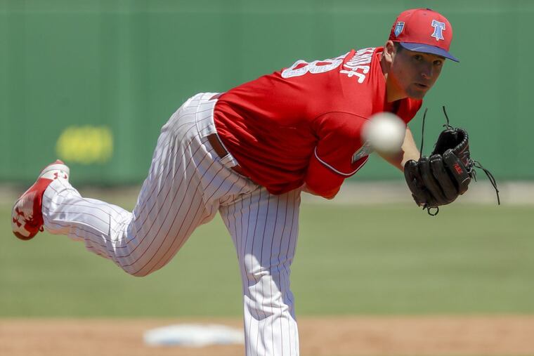 Phillies pitcher Jerad Eickhoff throws a first-inning warm-up pitch during a spring training game against the Toronto Blue Jays at Spectrum Field in Clearwater, FL on Sunday, March 4, 2018.