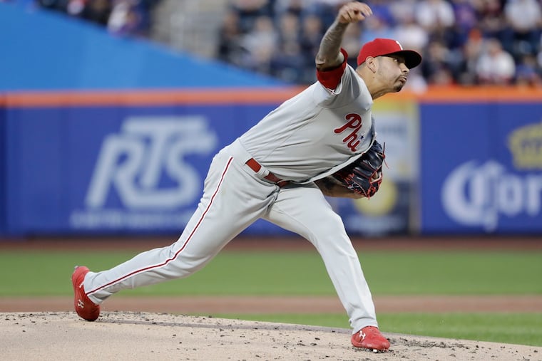 Philadelphia Phillies' Vince Velasquez delivers a pitch during the first inning.