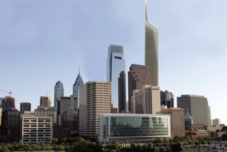 A proposed 1,500-foot tower at 18th and Arch Streets would edge out Chicago's Sears Tower, at 1,451 feet, and would be the nation's tallest building if built today. Two other buildings under construction in New York City and Chicago would be taller. (Philly.com illustration)